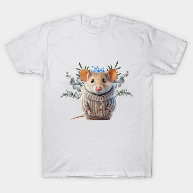 Adorable cute little mouse in a wool sweater - beautiful flowers and leaves T-Shirt by Artfully Yours